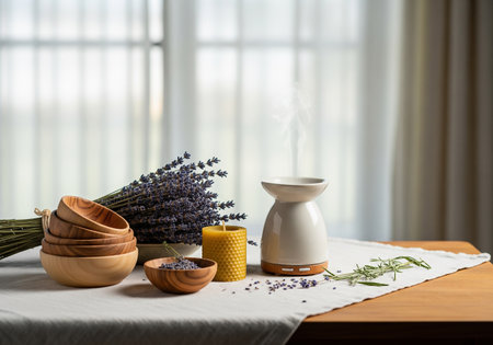 Spa still life with lavender flowers and wooden bowl on tableの素材