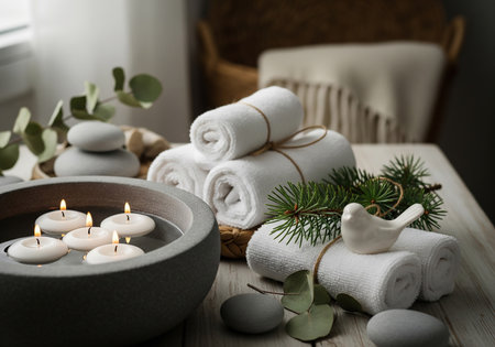 Spa still life with candles and towels on wooden table, closeupの素材