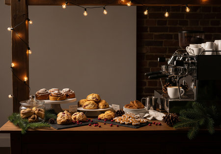Coffee machine and christmas cookies on wooden table in cafeの素材
