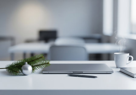 Modern workplace with laptop, coffee cup and christmas decorations. 3d renderの素材