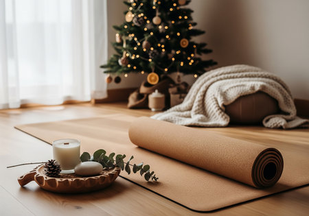 Christmas tree and yoga mat on wooden floor in living room at homeの素材