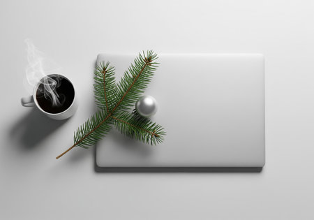 Cup of coffee and christmas tree on white background. 3d illustrationの素材