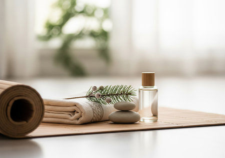 Spa still life on a bamboo mat with a bottle of oilの素材