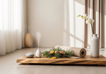 Spa still life with towels, candles and orchid flowers on wooden trayの素材