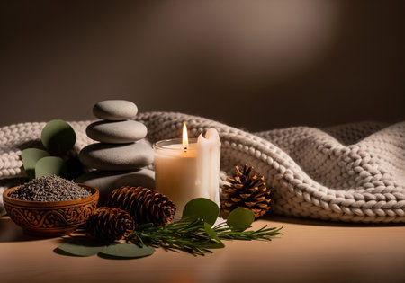 Spa still life with candles, zen stones and green leaves on wooden tableの素材