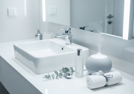 Wooden table with rolled up paper, candle and pebblesの素材