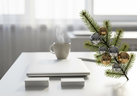 Christmas tree with decorations and coffee cup on the table. 3d rendering.の素材