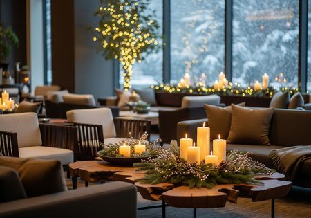 Christmas decoration with candles in a cozy restaurant. Christmas and New Year conceptの素材