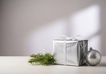 Silver gift box and christmas tree branch on white table with copy spaceの素材