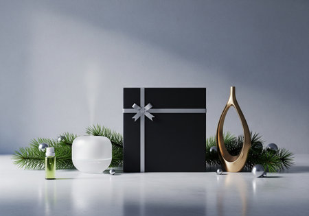 Black and gold christmas gift box on a white background. 3d renderingの素材