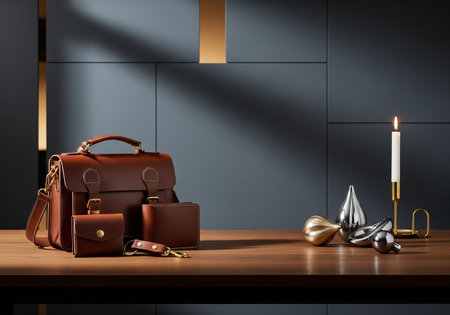Luxury leather handbag on the wooden table. 3d renderingの素材