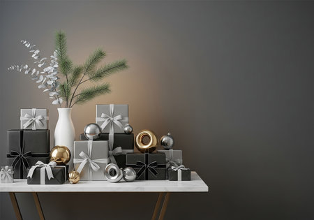 3d render of christmas gift boxes with ornaments on tableの素材