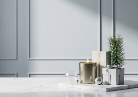 Christmas tree with gifts and decorations on white marble table. 3d renderの素材