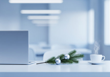 Laptop, coffee cup and christmas tree branch on white table. 3D Renderingの素材