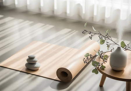 Spa still life with zen stones and yoga mat on wooden tableの素材