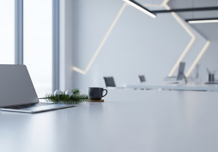 Laptop and coffee cup on white office desk. Workplace concept. 3D Renderingの素材