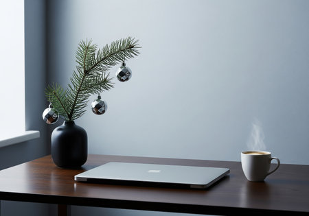 Mock up of laptop computer with christmas tree on wooden table. 3d renderの素材
