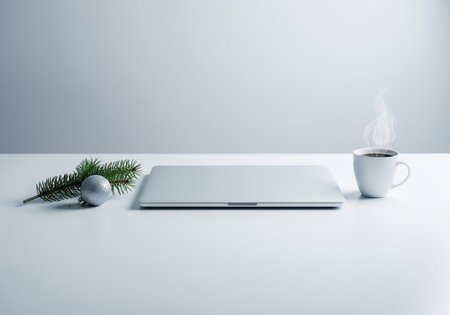 Laptop, coffee cup and christmas tree branch on white tableの素材