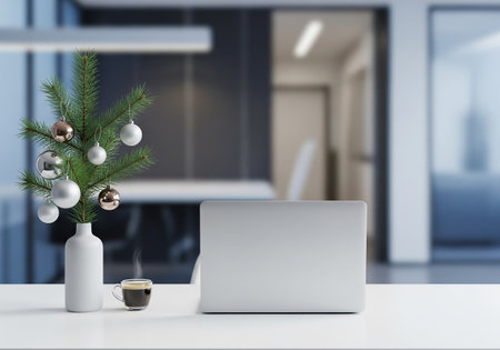 White office desk with a laptop, a cup of coffee and Christmas decorations. 3d rendering mock upの素材