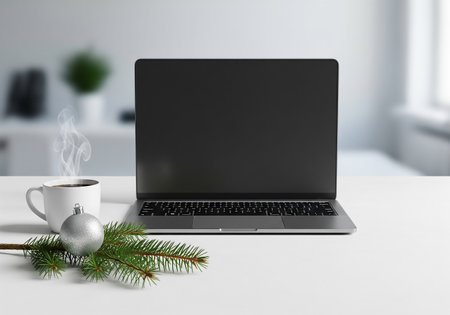 Laptop with blank screen and coffee cup on white table. Mock up, 3D Renderingの素材