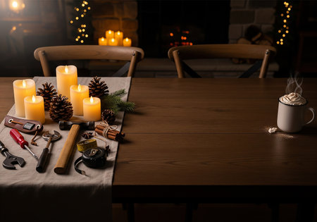 Wooden table with a cup of hot coffee and Christmas decorations.の素材