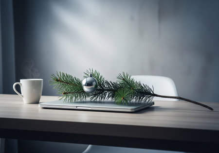 Laptop with christmas tree branch and coffee cup on wooden tableの素材