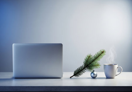 Laptop, coffee cup and Christmas tree branch on a wooden tableの素材