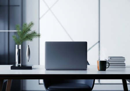 Minimalistic workplace with laptop and coffee cup. 3D Renderingの素材