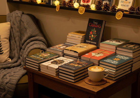 Coffee cup and books on a shelf in a cozy atmosphereの素材