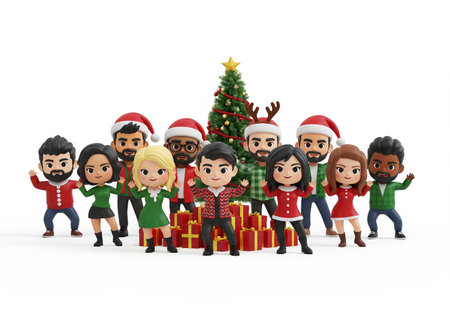 3d illustration of group of people with christmas tree and presentsの素材