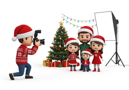3d Render of family with camera and christmas tree on white backgroundの素材