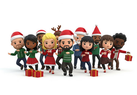 3D Render of a group of kids with Santa Claus clothes and giftsの素材