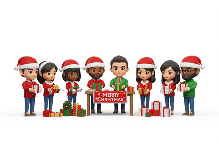 Group of people in Santa Claus clothes with Christmas gifts on white backgroundの素材