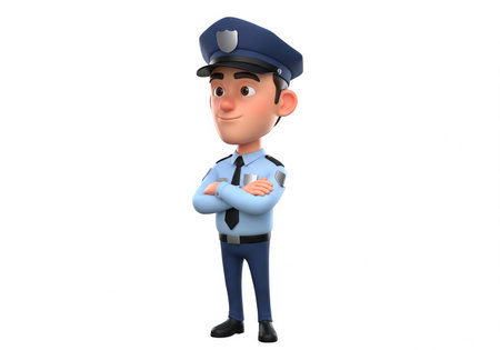 3d illustration of a policeman with crossed arms, isolated white backgroundの素材