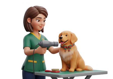 3d illustration of a female hairdresser with a dogの素材