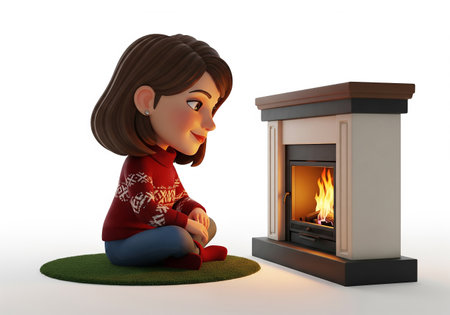 3d illustration of a girl sitting next to a fireplace on white backgroundの素材