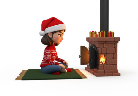 3d illustration of a woman sitting in front of fireplace with christmas hatの素材