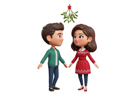 3D Render of Cartoon Couple with mistletoe on white backgroundの素材