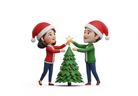 3d people - man, woman with christmas tree on white backgroundの素材