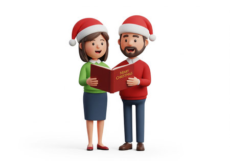 3d illustration of happy couple in santa hat reading christmas bookの素材