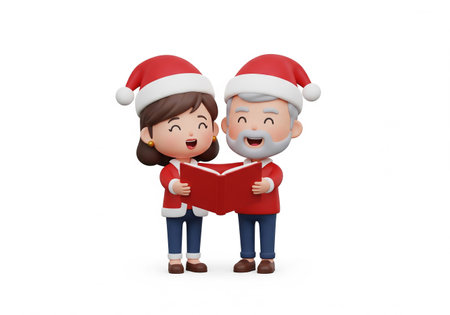 3d illustration of santa claus couple reading a red bookの素材