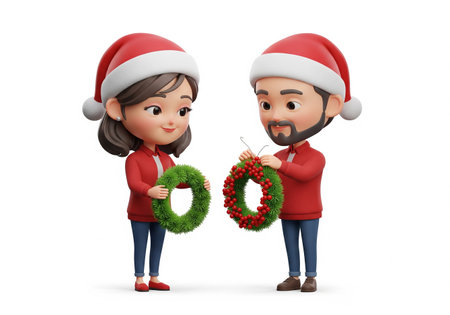 3D Illustration of a couple of santa claus with christmas wreathの素材