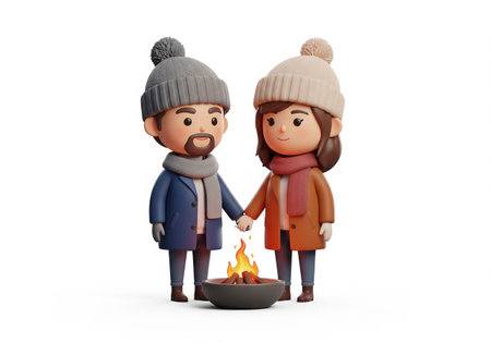 couple in winter clothes holding hands with a fire isolated on white backgroundの素材
