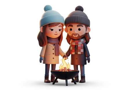 Cute 3D rendering of a happy couple holding hands, dressed in warm winter coats and beanies, standing next to a small outdoor bonfire or fire pit. Isolated on white.の素材