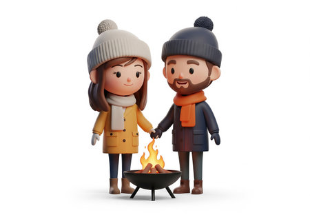 Cute 3D rendering of a romantic couple holding hands and warming up by a small outdoor fire pit or bonfire. Characters are dressed in cozy winter clothes. Isolated on white.の素材