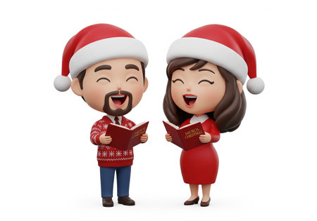 3d Render of Cartoon Couple in Santa Claus Hats Reading a Bookの素材