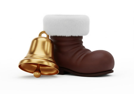 Christmas boot with golden bell isolated on white background. 3d illustrationの素材