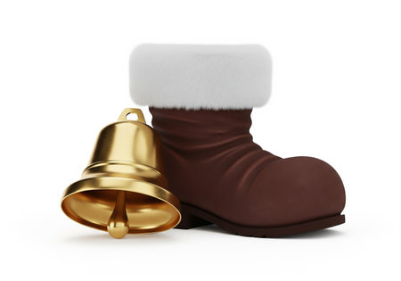 Christmas boot with golden bell isolated on white background. 3d illustrationの素材