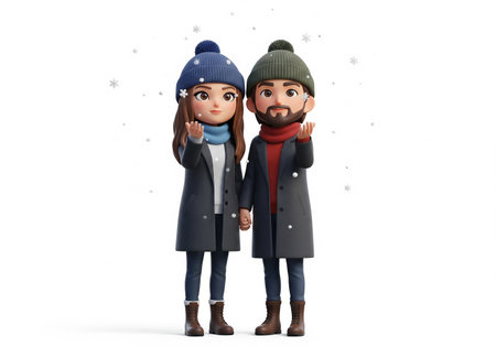3d illustration of a couple in winter clothes with snowflakesの素材
