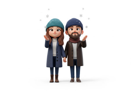 3d illustration of a couple in winter clothes with snowflakesの素材